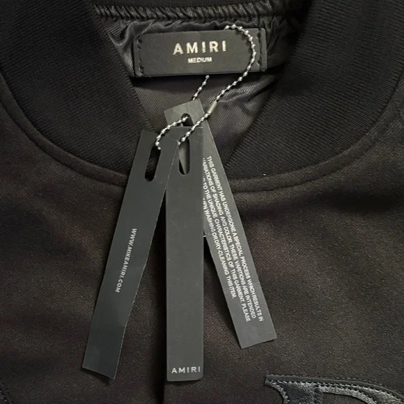 AMIRI All-Black Leather-Sleeve Bomber Jacket - Picture 2 of 4